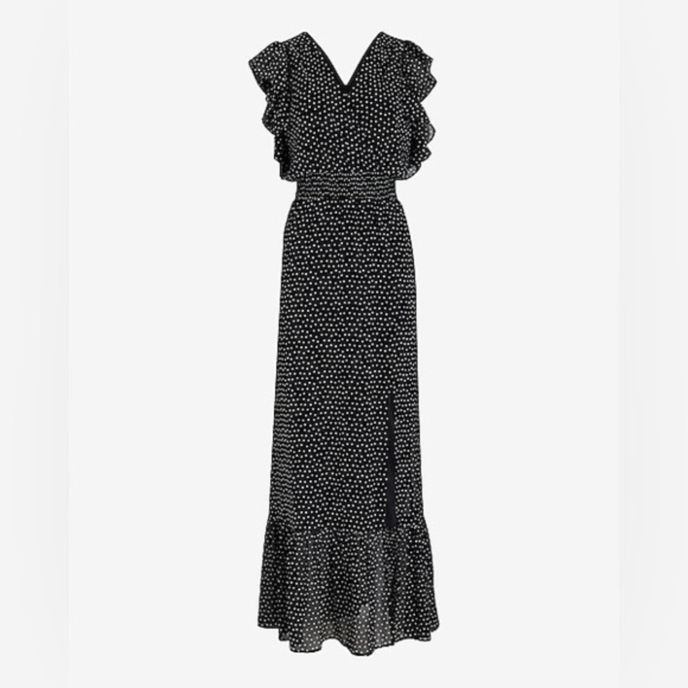 Express Polka Dot Surplice Flutter Sleeve Smocked Waist Maxi Dress